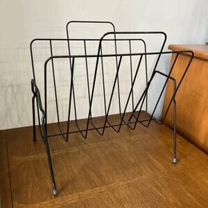 Mid Century Modern Atomic Black Metal Vinyl Magazine Rack